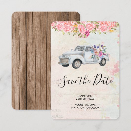  ophaalwagen Rustige Waterverf Birthday Save The Date (Voorkant / Achterkant)