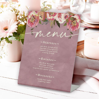 Ophelia Cottagecore Dusty Pink Floral Wedding Menu Reclamebord Met Voetstuk
