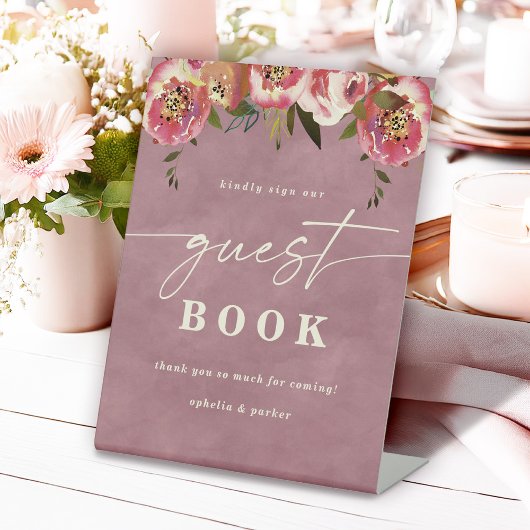 Ophelia Dusty Roze Bloemen Gastboek Trouwen Reclamebord Met Voetstuk