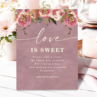 Ophelia Dusty Roze Bloemige Love is Sweet Bruiloft Reclamebord Met Voetstuk