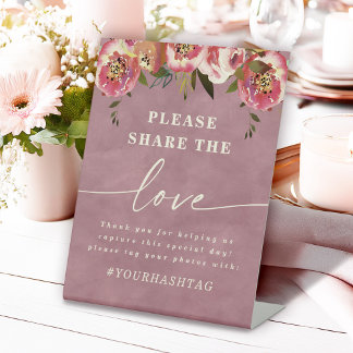Ophelia Roze Bloemige Deel de Liefde Foto Hashtag Reclamebord Met Voetstuk