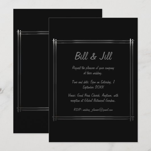 ophisticated Zwart + Zilver Art Deco Lijst bruilof Kaart (Voorkant / Achterkant)