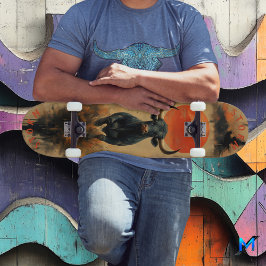 Oplaadstier onder vurige zonsondergang, retro krac persoonlijk skateboard