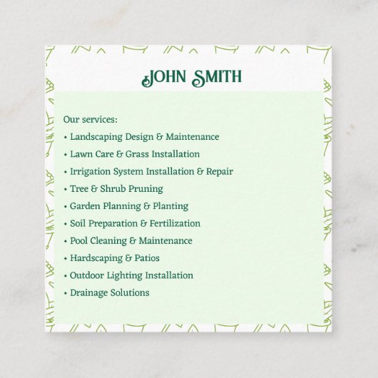 Oplossingen voor tuinieren en landschapsarchitectu vierkante visitekaartje (Achterkant)