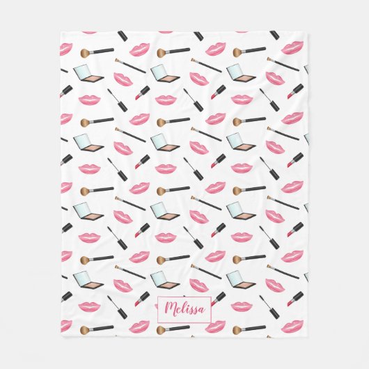 Opmaak patroon en roze lippen met aangepaste naam fleece deken (Voorkant)