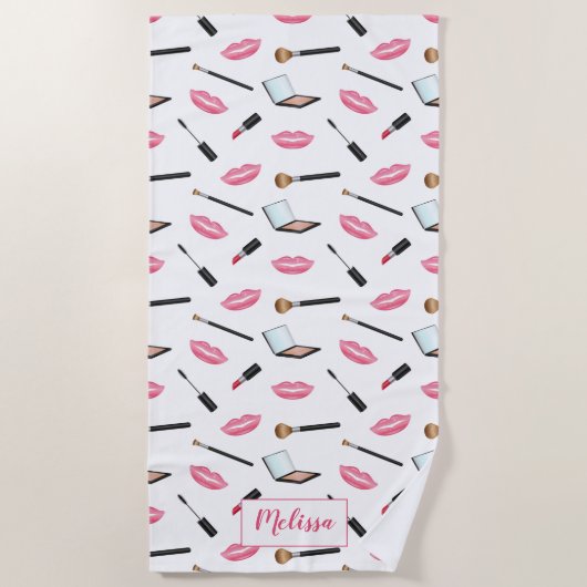 Opmaak patroon en roze lippen met aangepaste naam strandlaken (Voorkant)