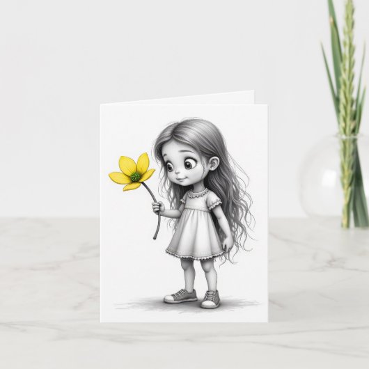 Opmerking Kaart Chibi kind met gele bloem (Voorkant)