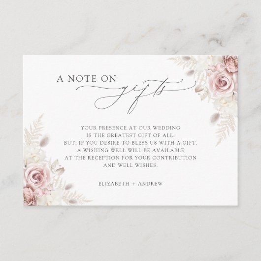Opmerking over geschenken Blush Bloemen Bruiloft W Informatiekaartje (Voorkant)