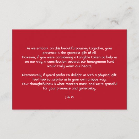 Opmerking over geschenken Scarlet Petal Elegance Informatiekaartje (Achterkant)