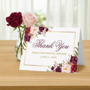 Opmerking van Elegant Burgundy Floral Gold Vrijgez Bedankkaart
