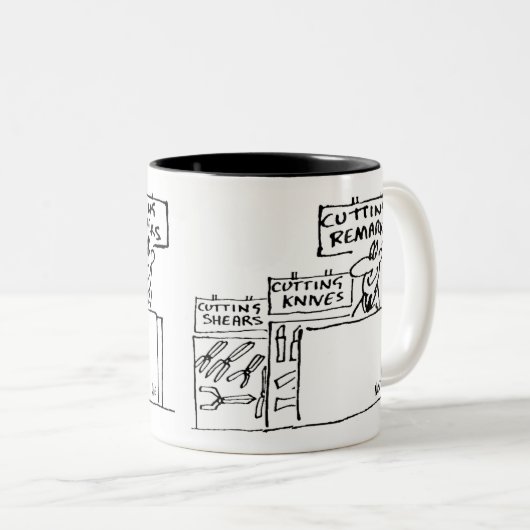 Opmerkingen in een hardwarewinkel snijden tweekleurige koffiemok (Voorkant rechts)