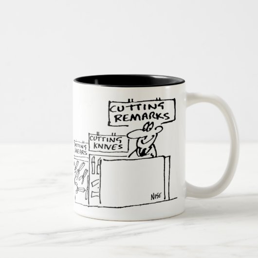 Opmerkingen in een hardwarewinkel snijden tweekleurige koffiemok (Rechts)