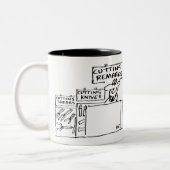 Opmerkingen in een hardwarewinkel snijden tweekleurige koffiemok (Links)