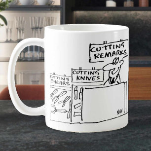 Opmerkingen knippen in een hardwarewinkel. grappig koffiemok