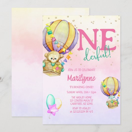 Opnederful Hot Air Ballon Roze 1e verjaardag Kaart (Voorkant / Achterkant)