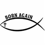 Opnieuw geboren staand fotobeeldje<br><div class="desc">Jezus Fish (ook wel Ichthys genoemd),  die een kruis voor een oog heeft. De tekst hierboven luidt "opnieuw geboren".</div>