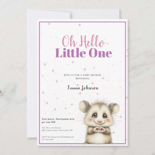 Opossum Baby Shower • Girl Invitation Save The Date (Voorkant)