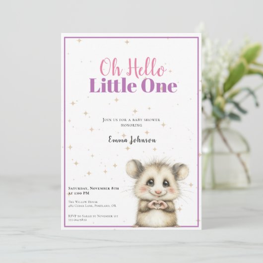 Opossum Baby Shower • Girl Invitation Save The Date (Staand voorkant)