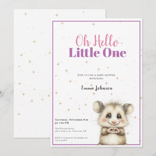 Opossum Baby Shower • Girl Invitation Save The Date (Voorkant / Achterkant)