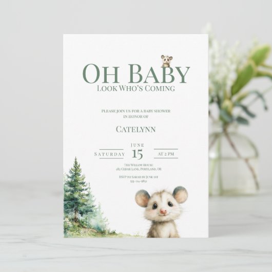 Opossum Baby Shower Invitation • Oh Baby Forest Feestdagenkaart (Staand voorkant)