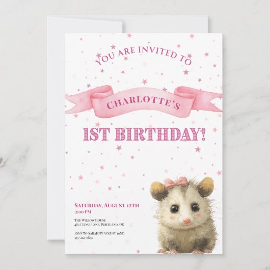 Opossum Birthday Invitation • 1st Birthday Save The Date (Voorkant)