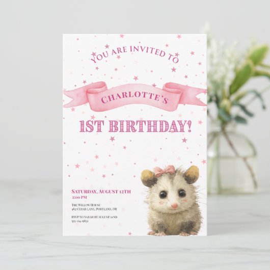 Opossum Birthday Invitation • 1st Birthday Save The Date (Staand voorkant)