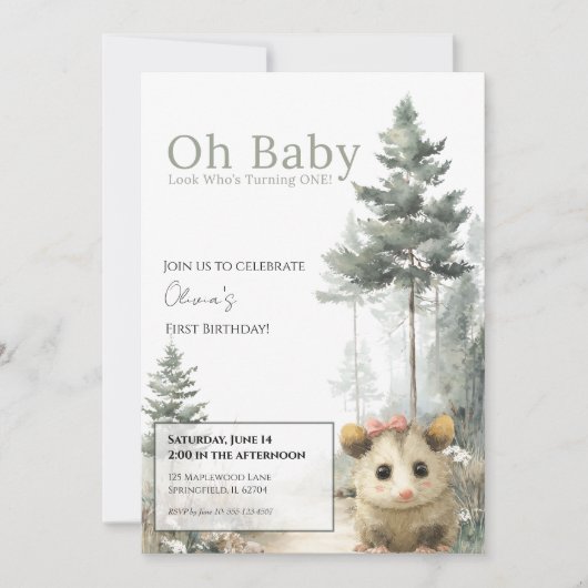 Opossum Birthday Invitation • Cute Woodland Party Save The Date (Voorkant)