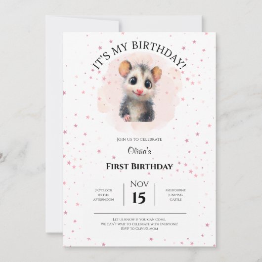 Opossum Birthday Invitation • Cute Woodland Party Save The Date (Voorkant)