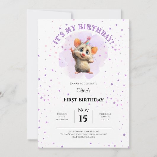Opossum Birthday Invitation • Cute Woodland Party Save The Date (Voorkant)