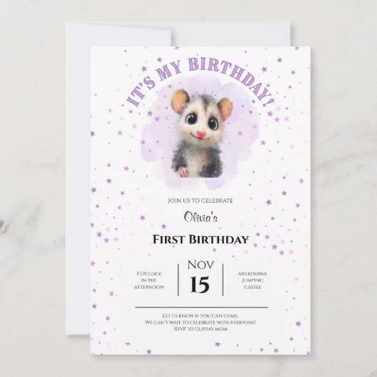 Opossum Birthday Invitation • Cute Woodland Party Save The Date (Voorkant)