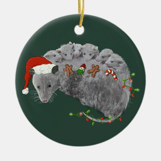 Opossum Kerst Baby Possums Verpakt in Lichten Keramisch Ornament (Voorkant)
