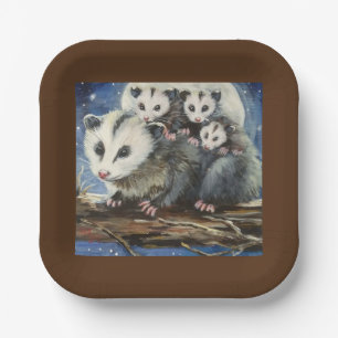 opossum moeder en baby's papieren borden bordje