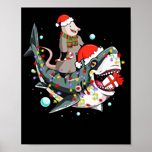 Opossum Riding Shark Santa Hat Kerstmis Poster (Voorkant)