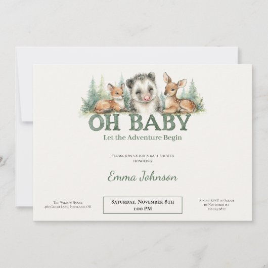 Opossum Woodland Baby Shower Invitation Feestdagenkaart (Voorkant)