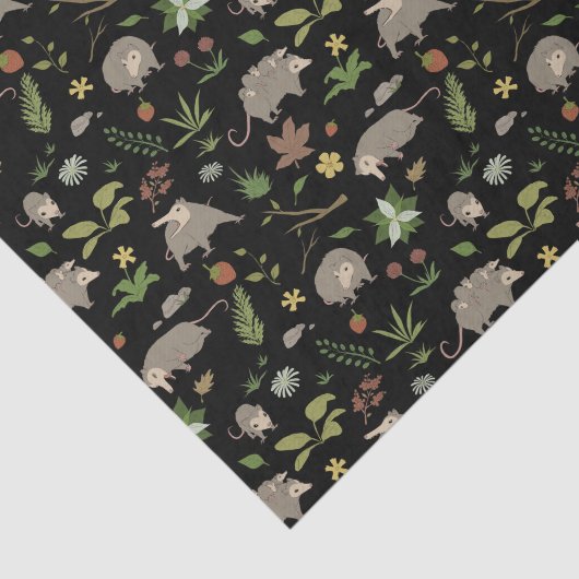 Opossums in een bessenveld in zwart tissuepapier (Detail)