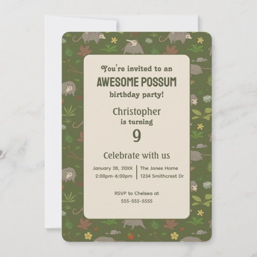 Opossums in Groene Uitnodiging van het Verjaardags (Achterkant)