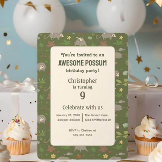 Opossums in Groene Uitnodiging van het Verjaardags