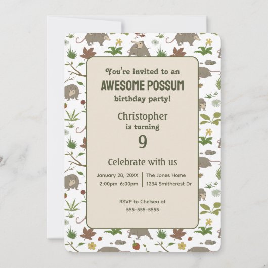 Opossums in Witte Uitnodiging van het Verjaardagsp (Achterkant)