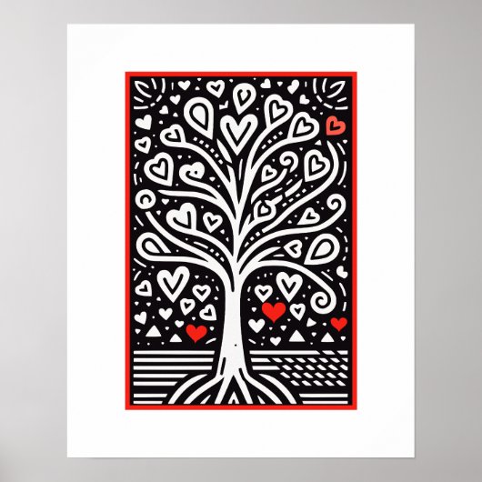 Oprechte boom van liefde: zwarte en witte volkskun poster (Voorkant)