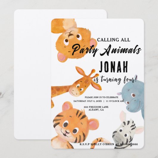 Oproep aan alle feestbeesten, Kids Safari Feestje Kaart (Voorkant / Achterkant)