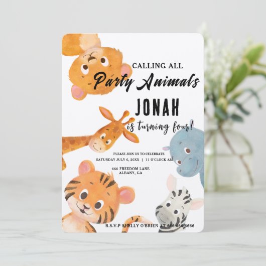 Oproep aan alle feestbeesten, Kids Safari Feestje Kaart (Staand voorkant)