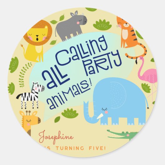 Oproep alle feestbeesten kinderen verjaardagsfeest ronde sticker (Voorkant)