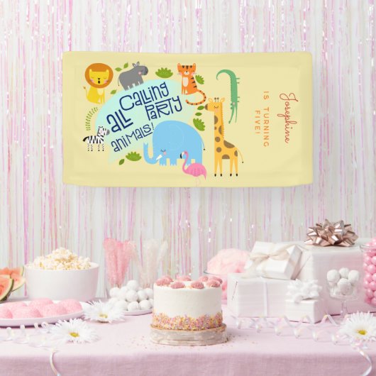 Oproep alle feestbeesten kinderen verjaardagsfeest spandoek (Feest)