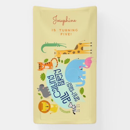 Oproep alle feestbeesten kinderen verjaardagsfeest spandoek (Verticaal)