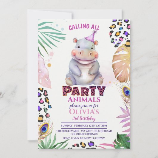 Oproep alle feestdieren Hippo Verjaardag uitnodigi Kaart (Voorkant)