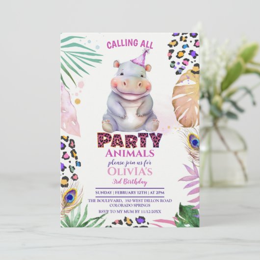Oproep alle feestdieren Hippo Verjaardag uitnodigi Kaart (Staand voorkant)