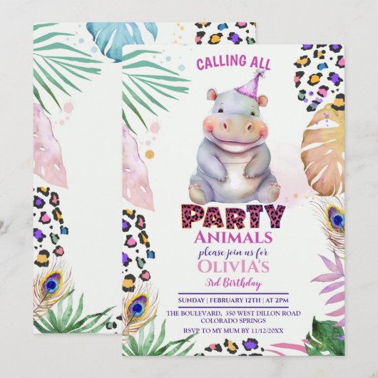 Oproep alle feestdieren Hippo Verjaardag uitnodigi Kaart (Voorkant / Achterkant)