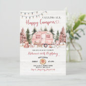 Oproep Alle Happy Campers Roze Camper Van Verjaard Kaart (Staand voorkant)