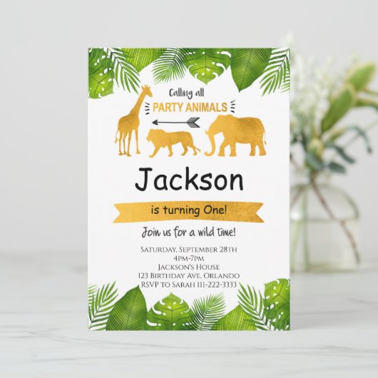 Oproep Alle Party Dieren Golden Safari Uitnodigen Kaart (Staand voorkant)