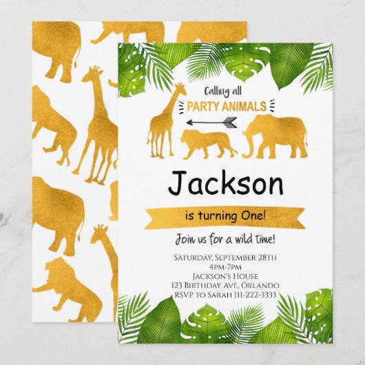 Oproep Alle Party Dieren Golden Safari Uitnodigen Kaart (Voorkant / Achterkant)